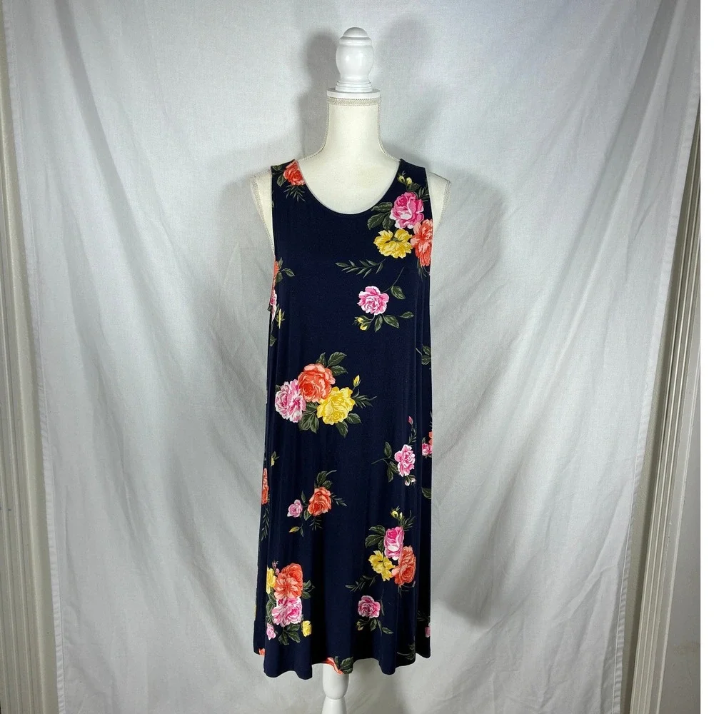 Old Navy Womens Large Navy Blue Floral Sleeveless Swing Shift Dress Summer L - Picture 2 of 8